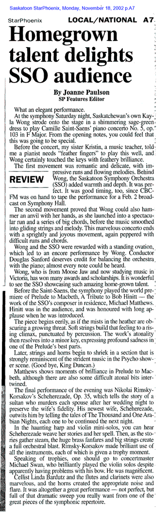 "Prelude to Macbeth" review by Joanne Paulson from the Saskatoon StarPhoenix, November 18, 2002.