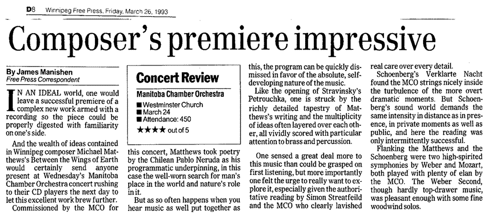 "Between the Wings of the Earth" review by James Manishen from the Winnipeg Free Press, March 26, 1993.