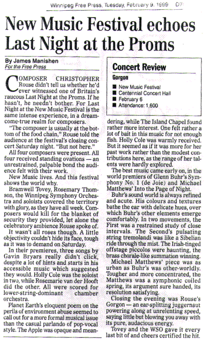 "Into the Page of Night" review by James Manishen from the Winnipeg Free Press, February 9, 1999.