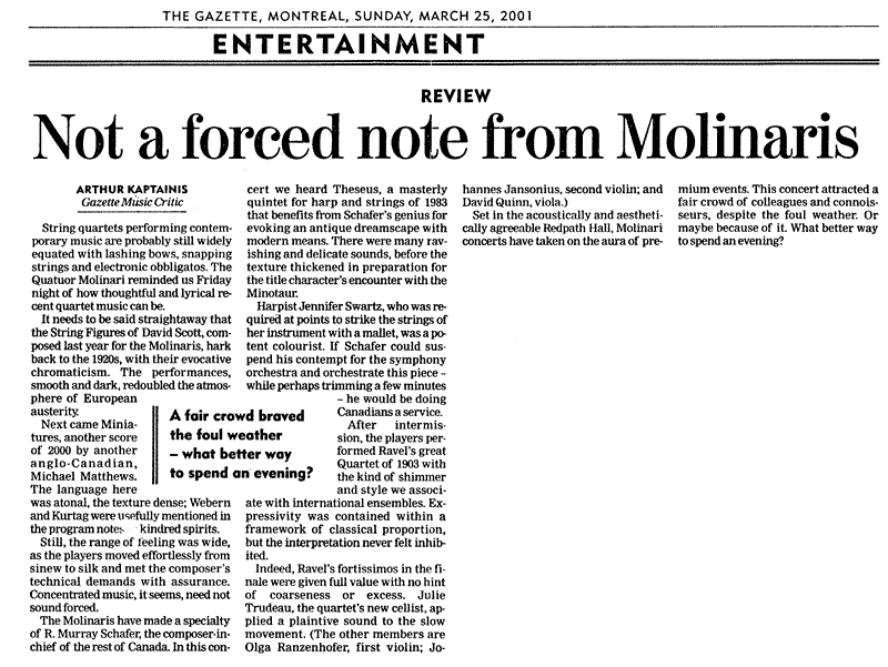 "Miniatures" review by Arthur Kaptainis, from the Montreal Gazette, March 25, 2001.