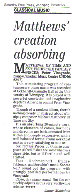 "Of Time and Sky" review by James Manishen from the Winnipeg Free Press, November 1996.