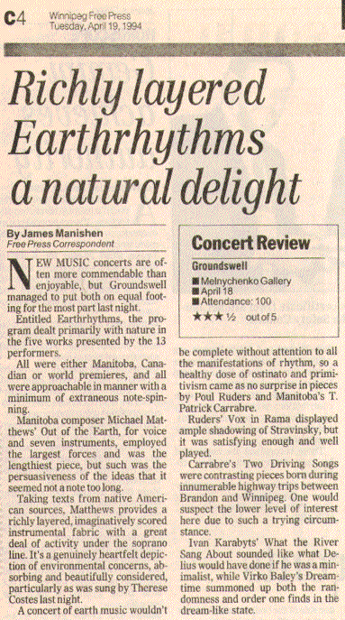 "Out of Earth" review by James Manishen from the Winnipeg Free Press, April 19, 1994.