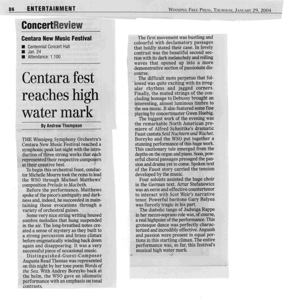 "Prelude to Macbeth" review by Andrew Thompson from the Winnipeg Free Press, January 29, 2004.
