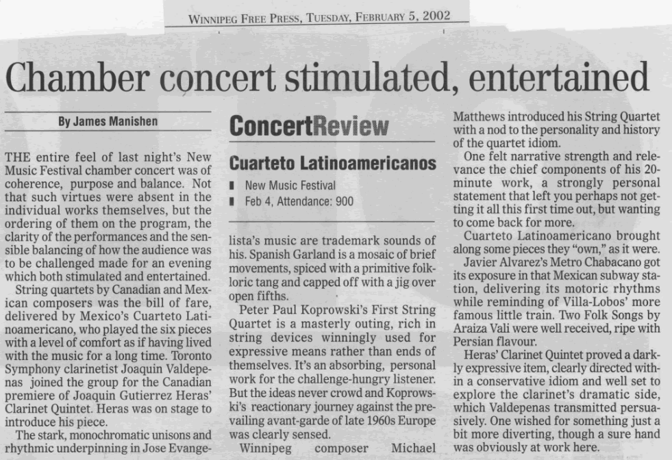 "String Quartet No. 1" review by James Manishen from the Winnipeg Free Press, February 5, 2002.